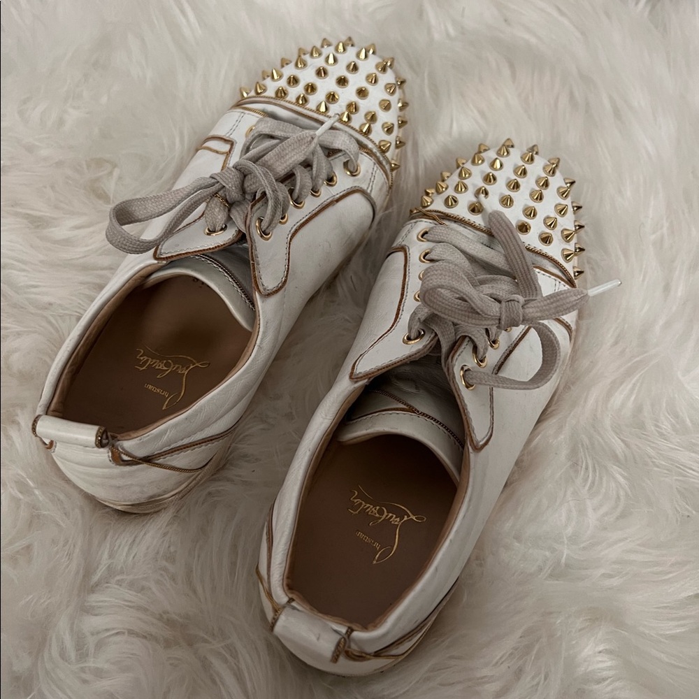 Christian Louboutin White and Gold Studded Sneakers